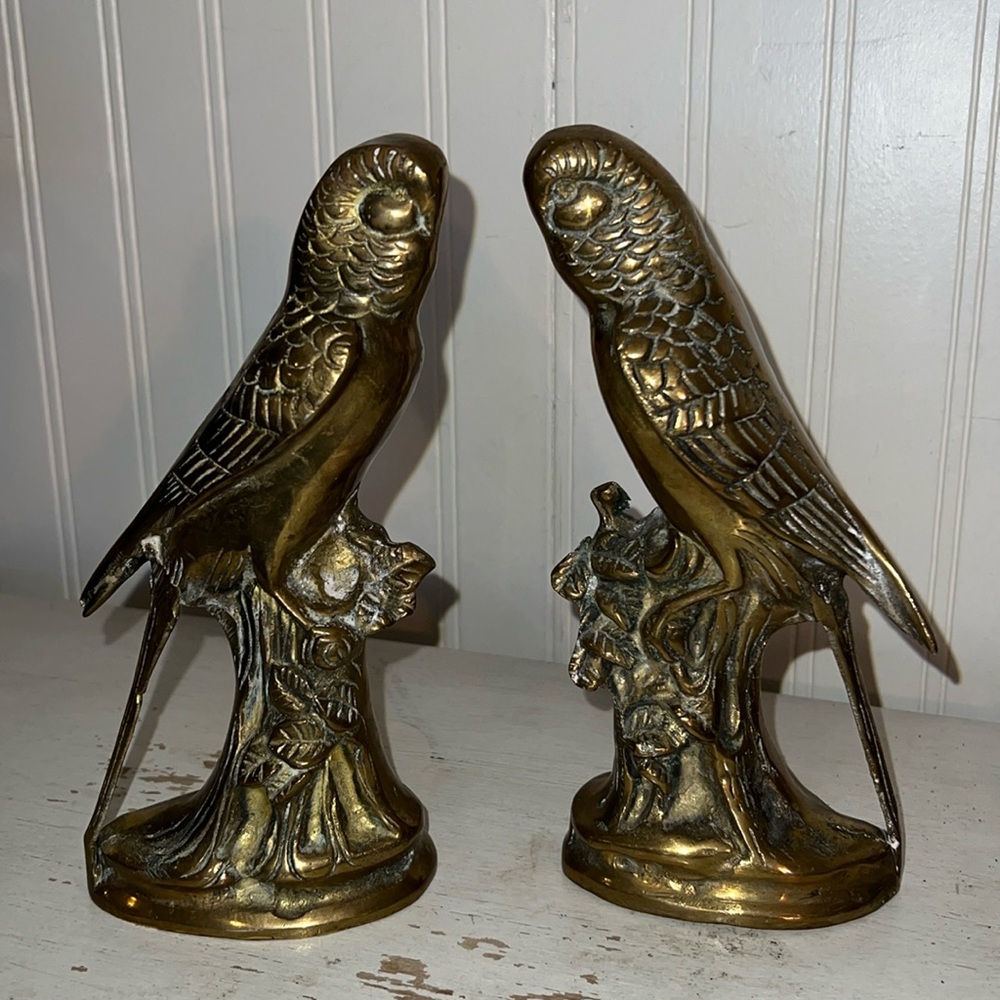 Vintage MCM Solid brass parrot statues figurines pair bookends